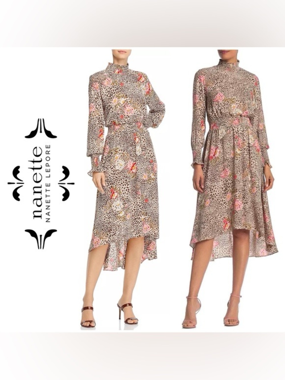 Nanette Lepore Leopard Floral Print High Neck Midi Dress Sz 10 Cocktail Resort